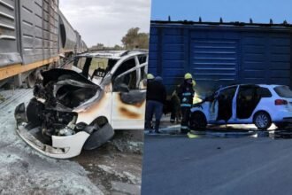 Así quedó el Volkswagen Suran tras el choque contra una formación de tren en Sunchales. El vehículo se incendió luego del impacto. Foto: gentileza.