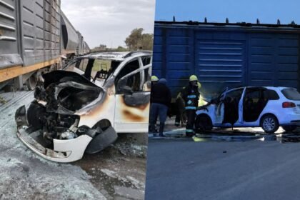 Así quedó el Volkswagen Suran tras el choque contra una formación de tren en Sunchales. El vehículo se incendió luego del impacto. Foto: gentileza.