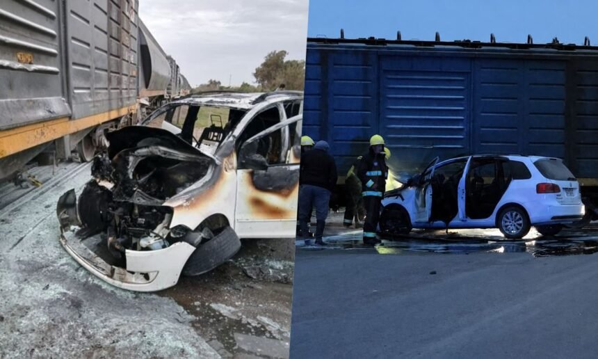 Así quedó el Volkswagen Suran tras el choque contra una formación de tren en Sunchales. El vehículo se incendió luego del impacto. Foto: gentileza.
