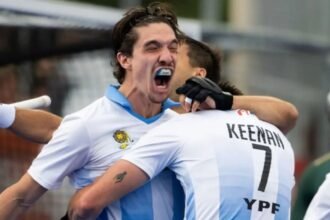 Los Leones, protagonistas del seleccionado argentino masculino de hockey sobre césped en una competencia internacional.