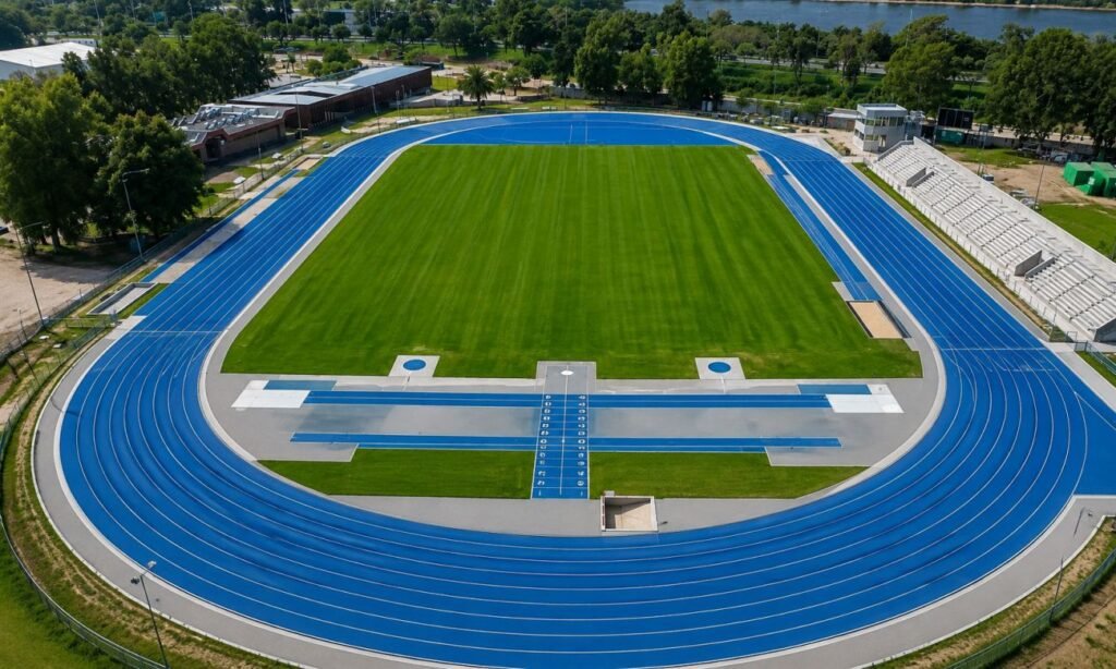 Imagen ilustrativa del diseño final proyectado para la nueva pista de atletismo del Centro de Alto Rendimiento Deportivo (CARD) de Santa Fe, sede de las competencias de atletismo de los Juegos Suramericanos 2026.