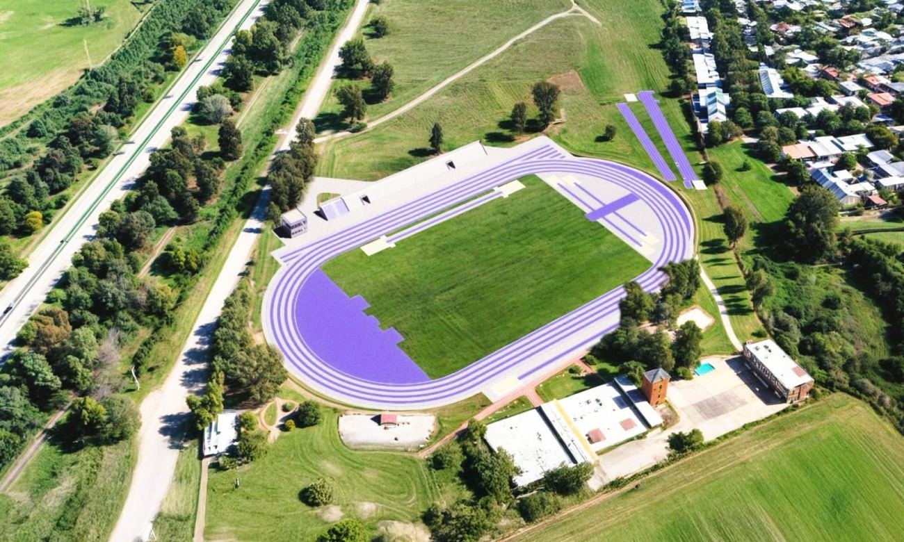 Recreación ilustrativa de cómo lucirá la pista de atletismo del CARD una vez finalizadas las obras de renovación, con superficie homologada para competencias internacionales.