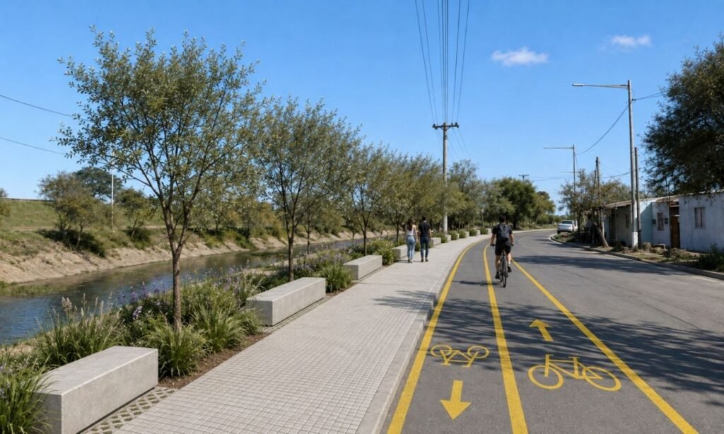Imagen de proyecto de la futura Costanera del Salado, que contempla nuevos espacios públicos, pavimentación, ciclovías, iluminación y áreas verdes en el oeste de Santa Fe. Foto: Gobierno de Santa Fe.