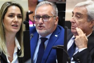 Los senadores nacionales por Santa Fe, Carolina Losada, Marcelo Lewandowski y Eduardo Galaretto, durante su actividad parlamentaria en el Congreso de la Nación.