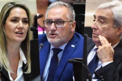 Los senadores nacionales por Santa Fe, Carolina Losada, Marcelo Lewandowski y Eduardo Galaretto, durante su actividad parlamentaria en el Congreso de la Nación.