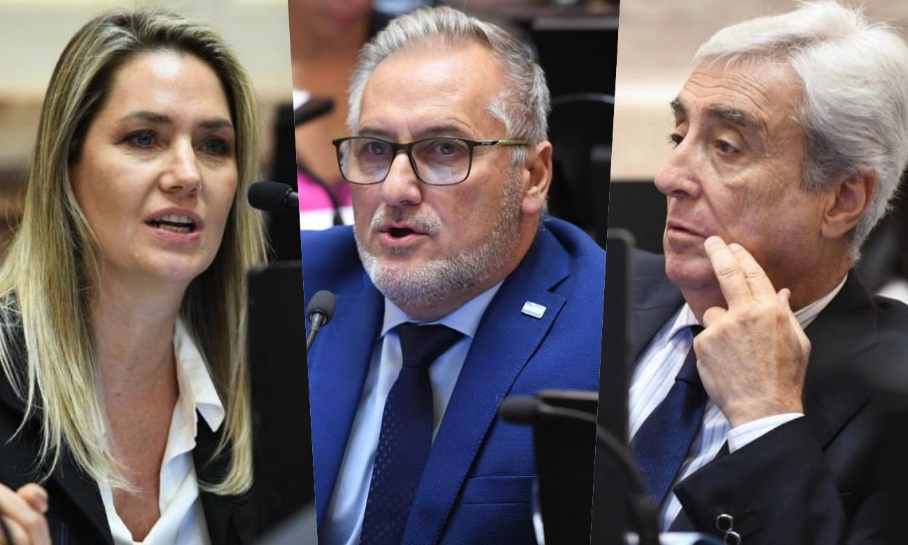 Los senadores nacionales por Santa Fe, Carolina Losada, Marcelo Lewandowski y Eduardo Galaretto, durante su actividad parlamentaria en el Congreso de la Nación.