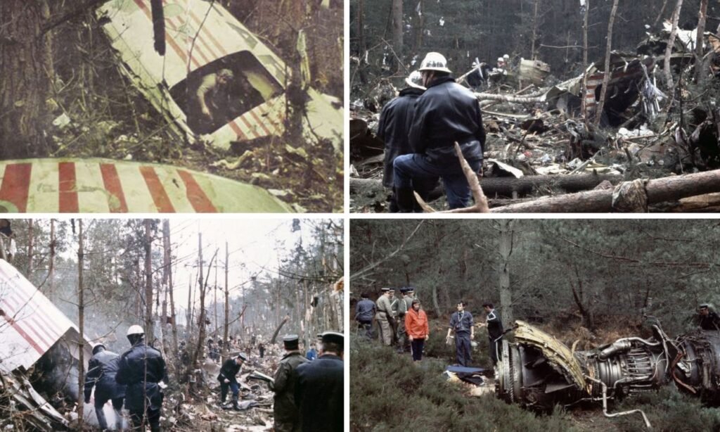 Los restos del vuelo 981 de Turkish Airlines quedaron esparcidos en el bosque de Ermenonville, Francia, tras el accidente ocurrido el 3 de marzo de 1974, en el que murieron las 346 personas a bordo.