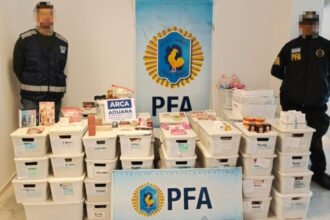 La mercadería secuestrada y el traslado de una persona durante el operativo realizado por la Policía Federal Argentina en Rosario. Foto: PFA.