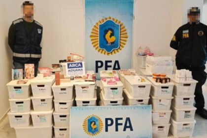 La mercadería secuestrada y el traslado de una persona durante el operativo realizado por la Policía Federal Argentina en Rosario. Foto: PFA.