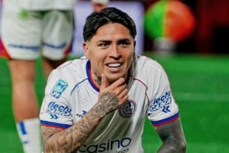 Facundo Farías celebra el gol del empate de San Lorenzo ante Independiente por la novena fecha del Torneo Clausura 2026.