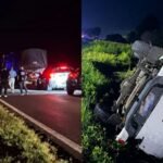Escena del trágico accidente ocurrido sobre la Ruta Nacional 11, a la altura de Florencia, en el norte de la provincia de Santa Fe, donde murieron tres personas tras el choque entre una motocicleta y una camioneta.