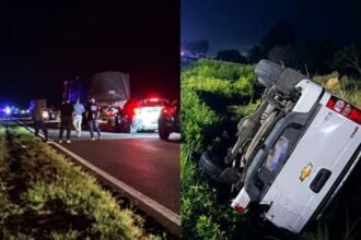 Escena del trágico accidente ocurrido sobre la Ruta Nacional 11, a la altura de Florencia, en el norte de la provincia de Santa Fe, donde murieron tres personas tras el choque entre una motocicleta y una camioneta.