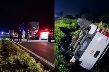 Escena del trágico accidente ocurrido sobre la Ruta Nacional 11, a la altura de Florencia, en el norte de la provincia de Santa Fe, donde murieron tres personas tras el choque entre una motocicleta y una camioneta.