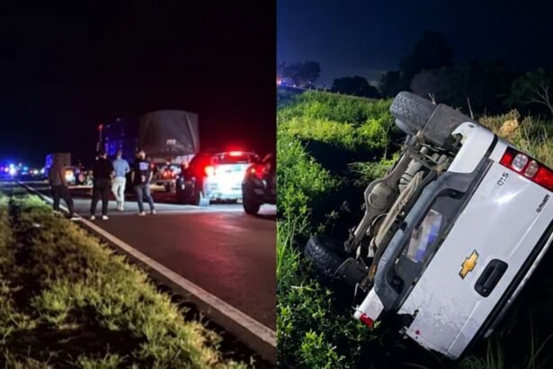 Escena del trágico accidente ocurrido sobre la Ruta Nacional 11, a la altura de Florencia, en el norte de la provincia de Santa Fe, donde murieron tres personas tras el choque entre una motocicleta y una camioneta.
