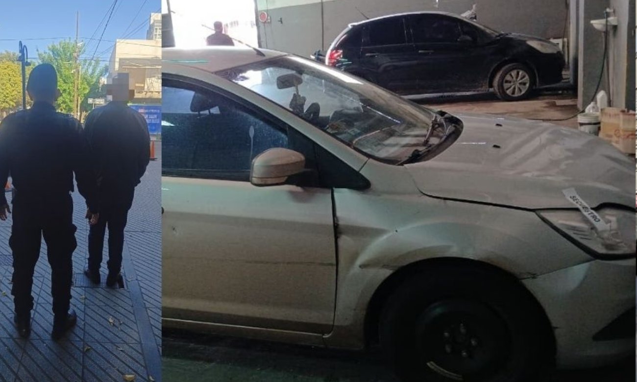 El hombre de 45 años aprehendido tras el choque en barrio Fomento 9 de Julio y el Ford Focus que conducía, que presentaba daños en la parte delantera. Foto: fuentes policiales.