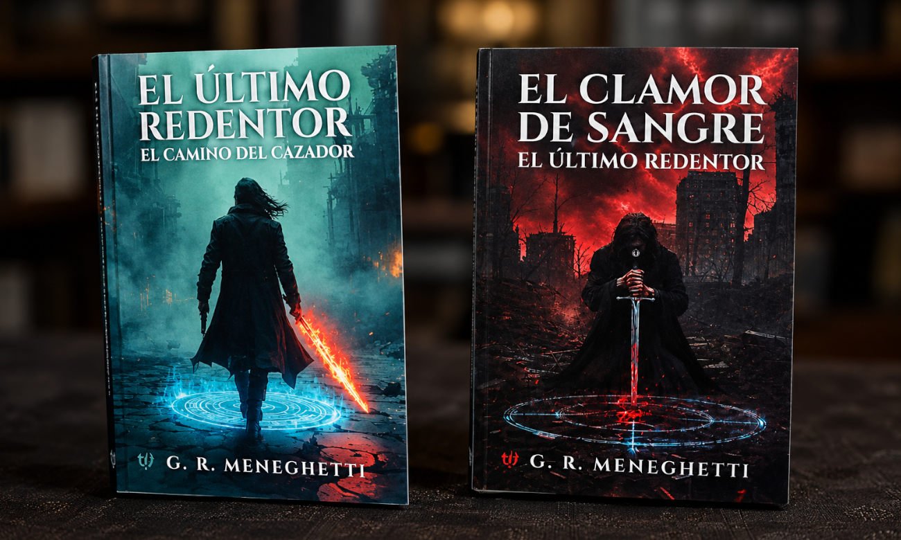 Los dos volúmenes de la trilogía El Último Redentor, del escritor santafesino Gerardo R. Meneghetti, oriundo de Laguna Paiva: El camino del cazador y El clamor de sangre.