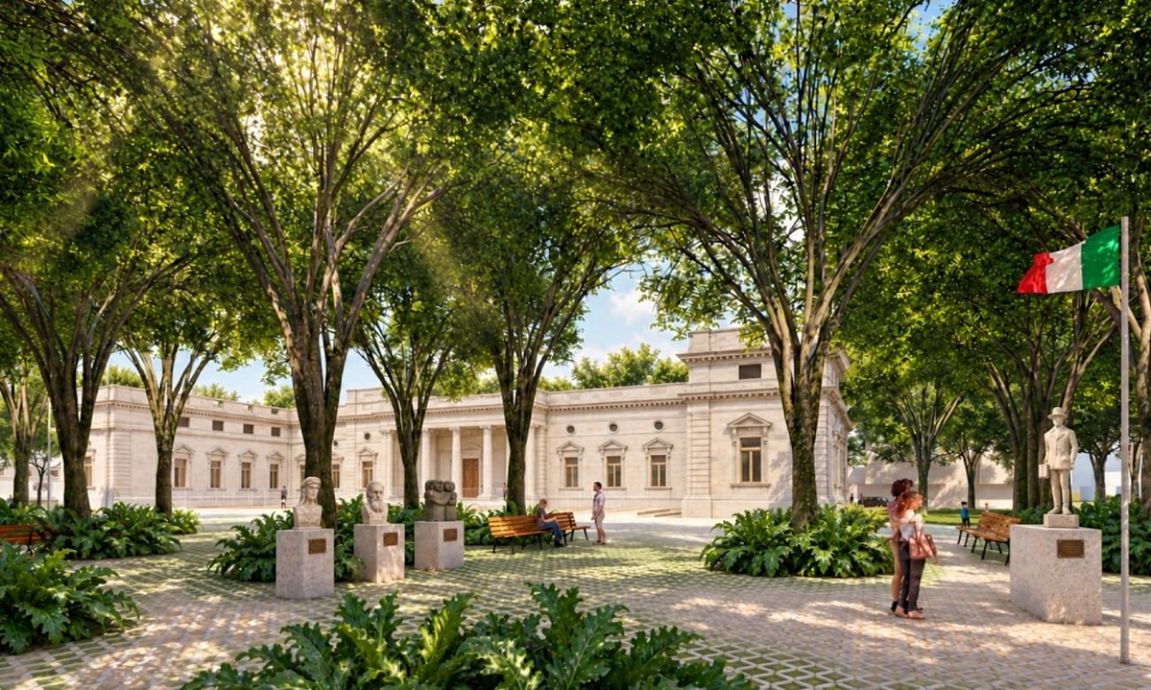 El proyecto de renovación de Plaza Italia contempla reemplazar el actual estacionamiento por una plaza que preserve la identidad histórica y cultural del lugar. Imagen ilustrativa del diseño propuesto.