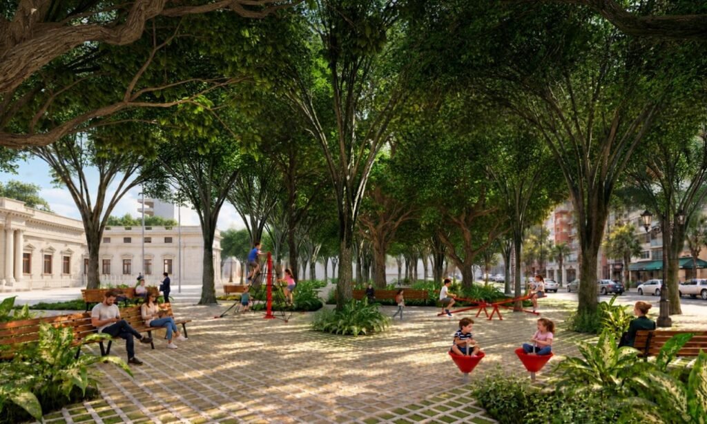Imagen ilustrativa del proyecto arquitectónico Sombra y Agua, propuesta ganadora para la renovación integral de Plaza Italia, frente a la Legislatura de Santa Fe.