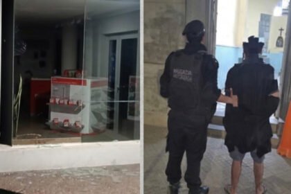 El detenido y el comercio donde ocurrió el robo, en Santa Fe. Foto: fuentes policiales.
