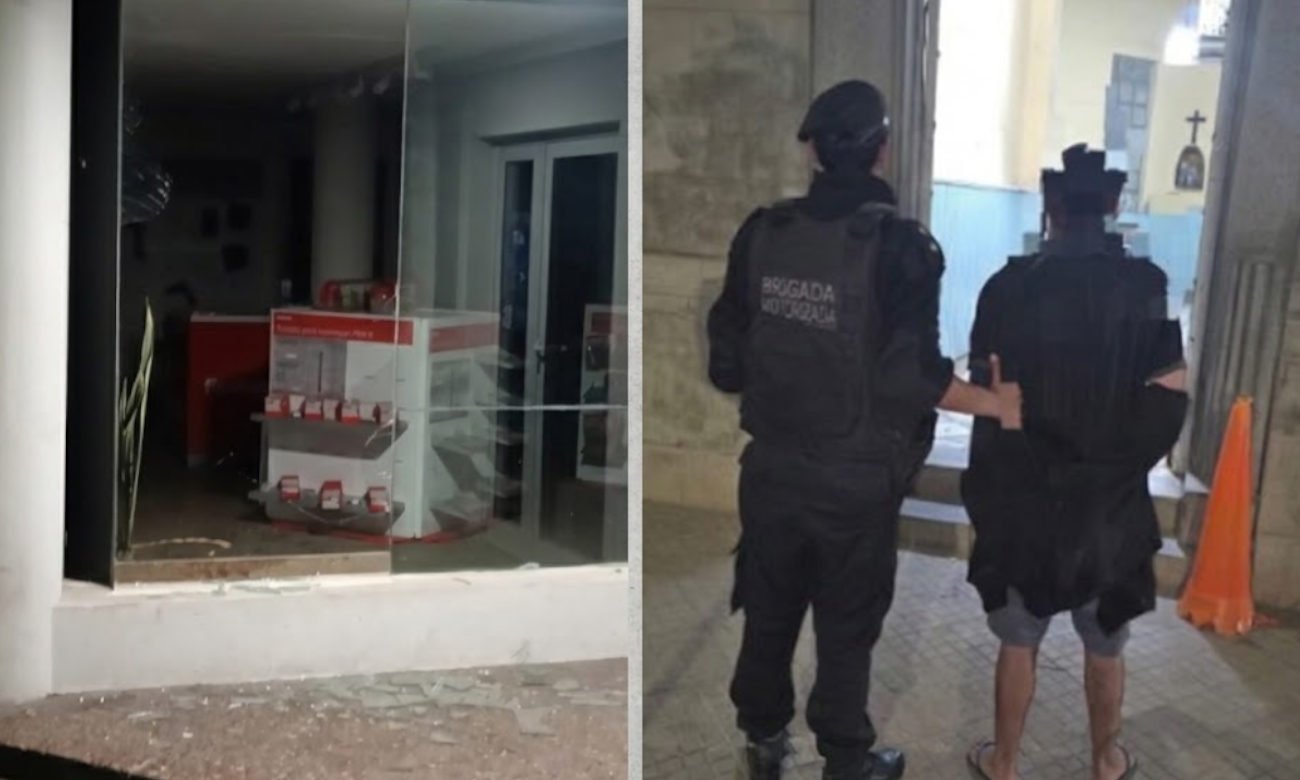 El detenido y el comercio donde ocurrió el robo, en Santa Fe. Foto: fuentes policiales.