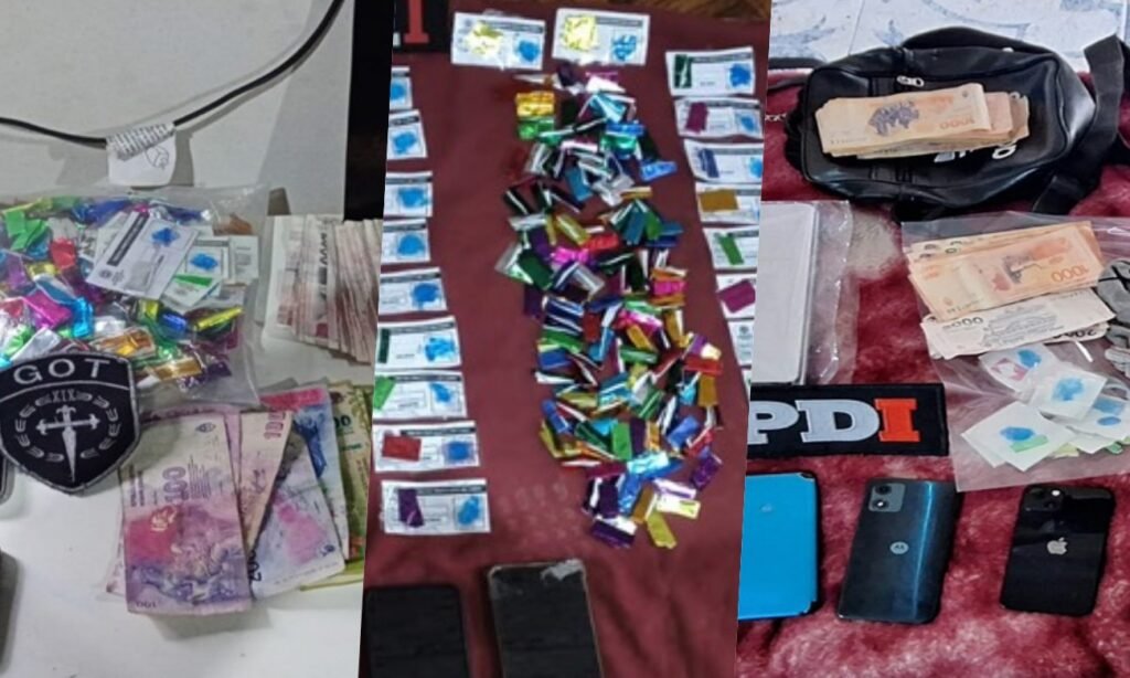 Elementos secuestrados por la PDI durante seis allanamientos en la ciudad de Santa Fe, en el marco de una investigación por presunta comercialización de estupefacientes. Entre lo incautado hay cocaína, marihuana, dinero en efectivo, teléfonos celulares y otros elementos de interés para la causa. Foto: PDI.
